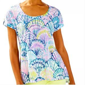 Lilly Pulitzer Inara Linen Short Sleeve Top in Serene Blue Oh Shello Print, XXS